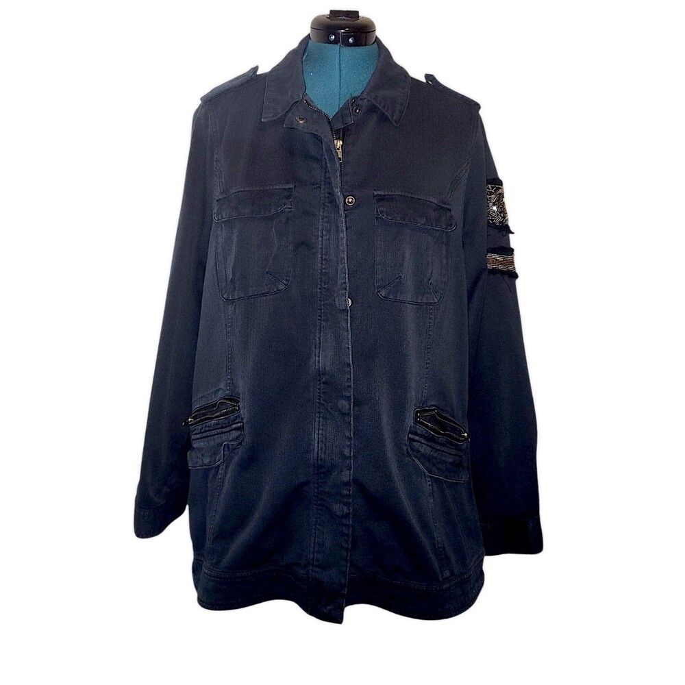 Torrid Jean Jacket Womens Size 2 Black Denim Long Moto Beaded Fray Biker Punk